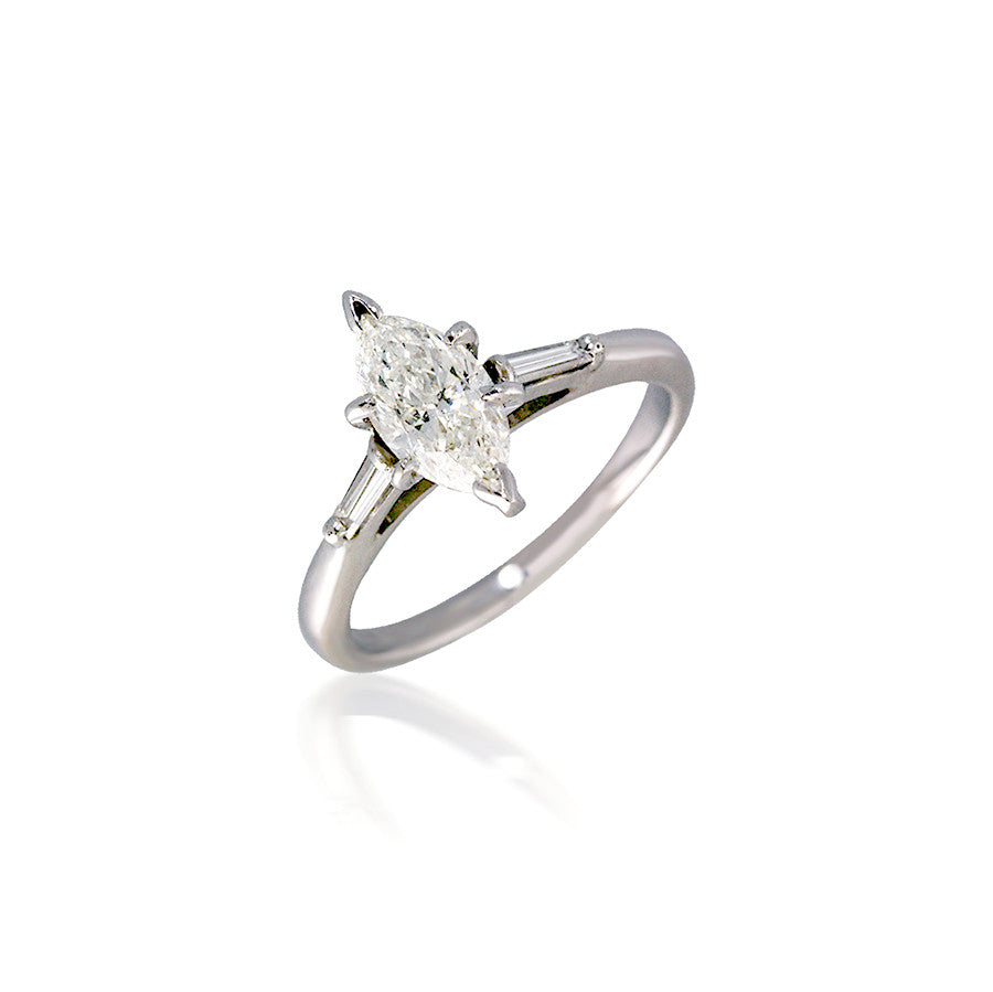 Three Stone Marquise and Baguette Diamond Engagement Ring