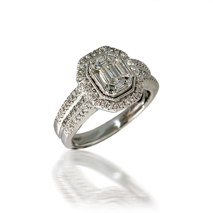 Octagon Diamond Cluster and Halo Engagement Ring