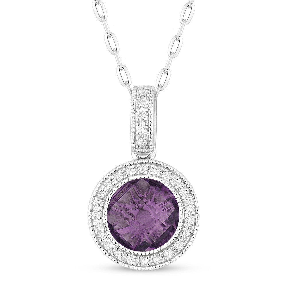 Madison L Amethyst and Diamond Drop Halo Pendant