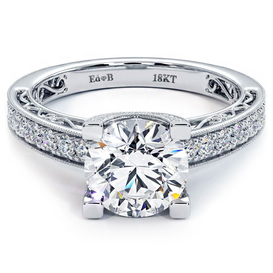 Round Head, Filigree U Shape Prongs Vintage Style Diamond Engagement Ring Setting