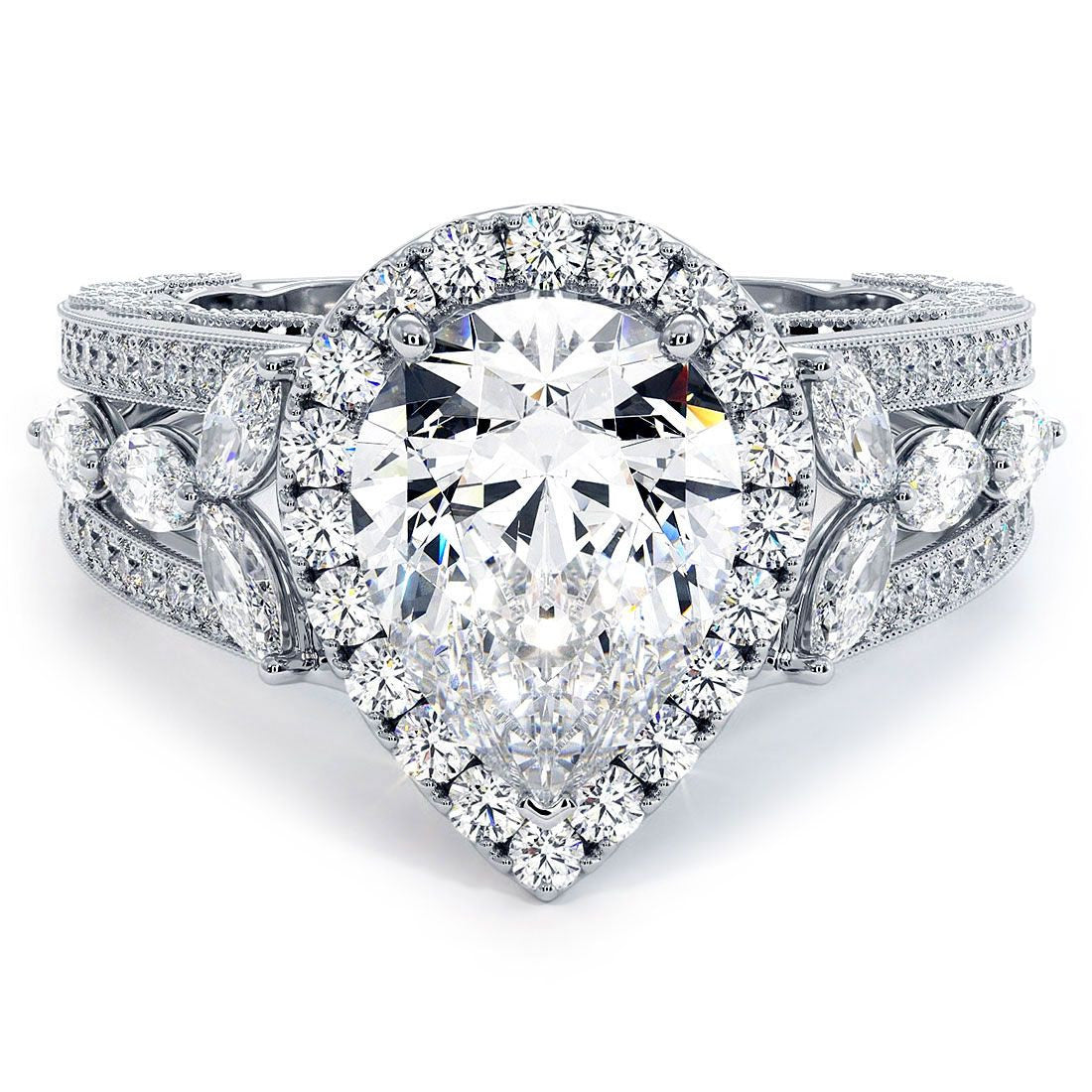 Pear Shape Halo Micropave Vintage Style Milgrain Diamond Engagement Ring Setting