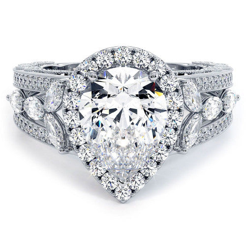 Pear Shape Halo Micropave Vintage Style Milgrain Diamond Engagement Ring Setting
