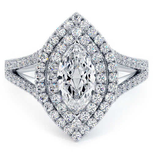 Marquise Shape Double Halo Micropave Split Shank Diamond Engagement Ring Setting