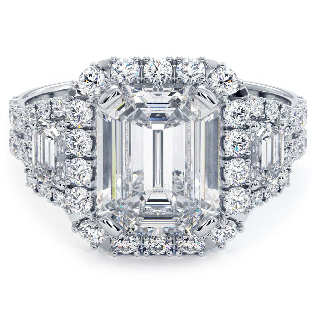Emerald Cut Halo With Two Trapezoids On Sides Micropave Diamond Engagement Ring Setting