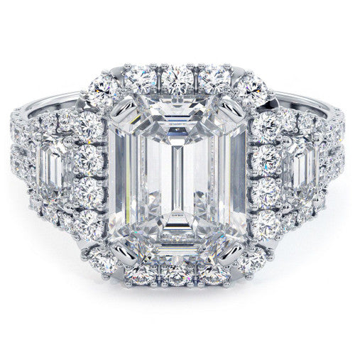 Emerald Cut Halo With Two Trapezoids On Sides Micropave Diamond Engagement Ring Setting