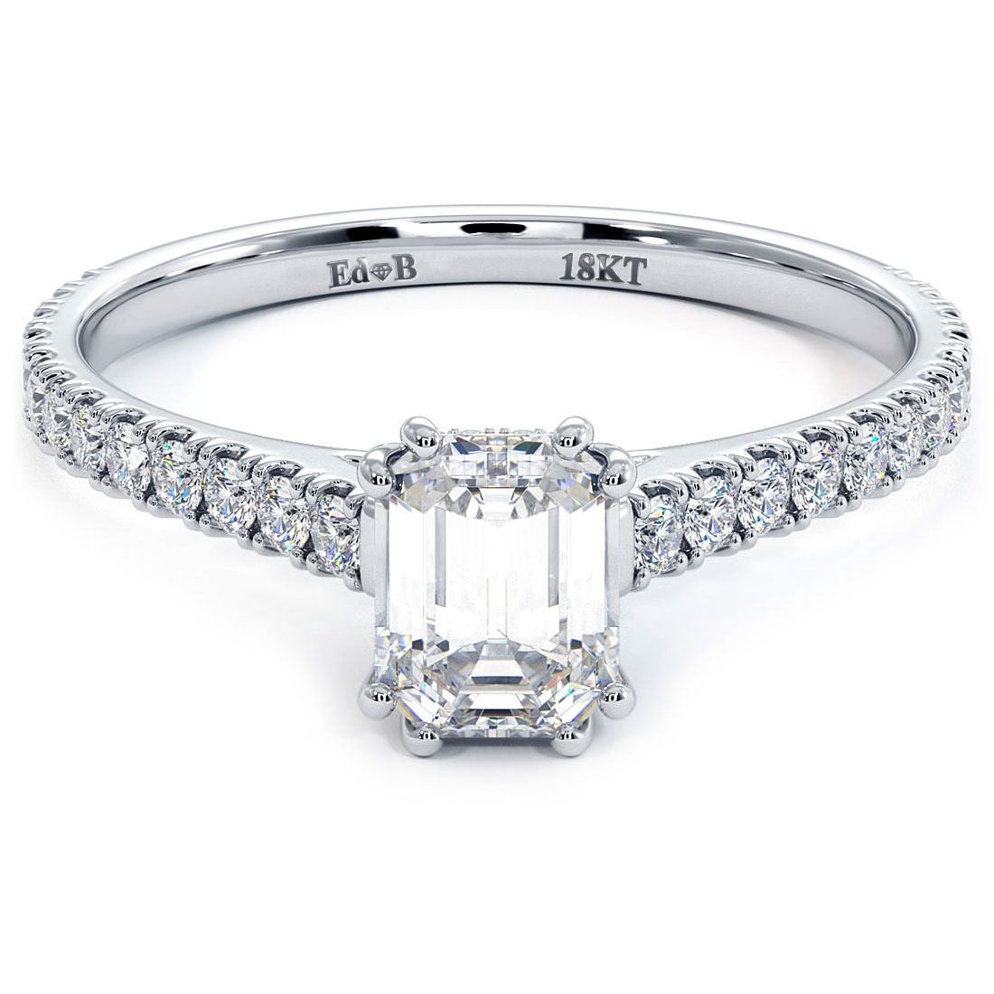 Emerald Cut Head, Double Prongs, Diamonds Under The Head, Petite Micropave Diamond Cathedral Shank, Engagement Ring Setting