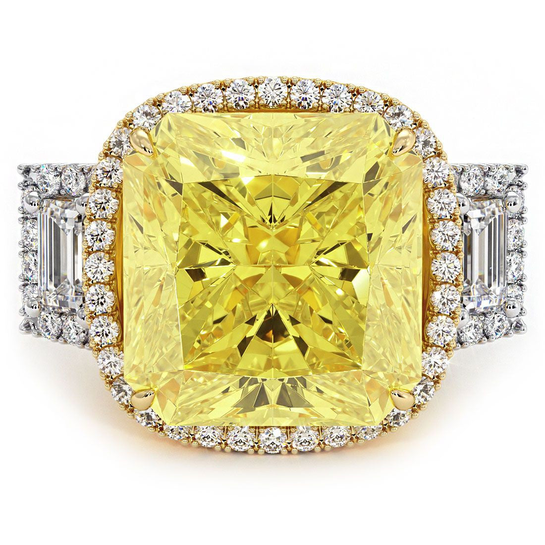 Yellow Gold Cover Back Cushion Halo With Side Trapezoids Diamond Engagement Ring Setting (Side Round Diamonds-0.90ct, Side Trapezoids-0.50ct)
