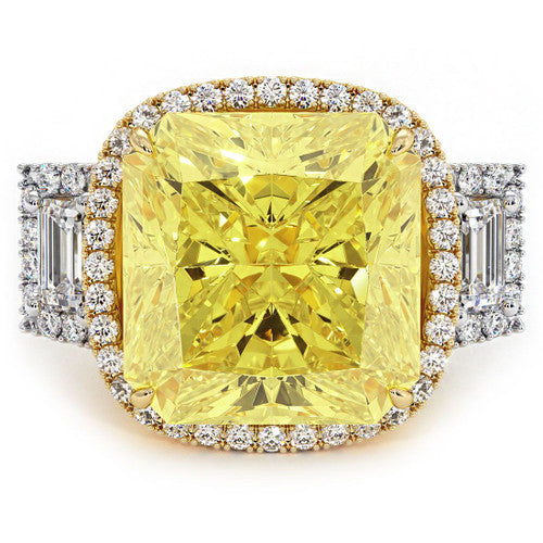 Yellow Gold Cover Back Cushion Halo With Side Trapezoids Diamond Engagement Ring Setting (Side Round Diamonds-0.90ct, Side Trapezoids-0.50ct)