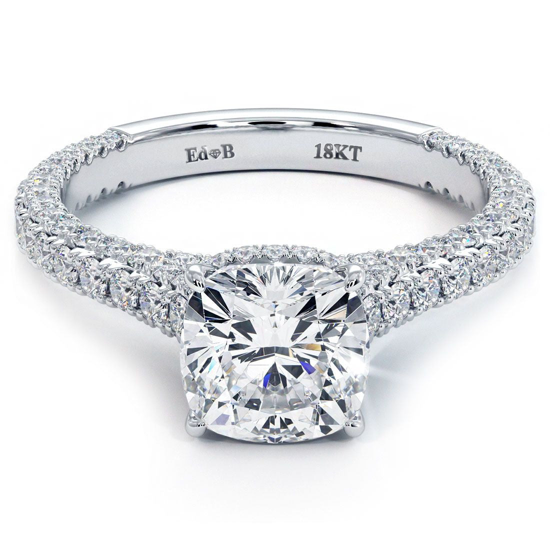 Cushion Hidden Halo Three Sided Micropave Shank Diamond Engagement Ring Setting
