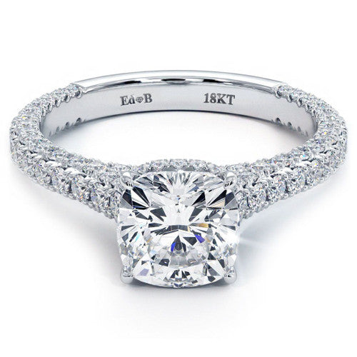 Cushion Hidden Halo Three Sided Micropave Shank Diamond Engagement Ring Setting