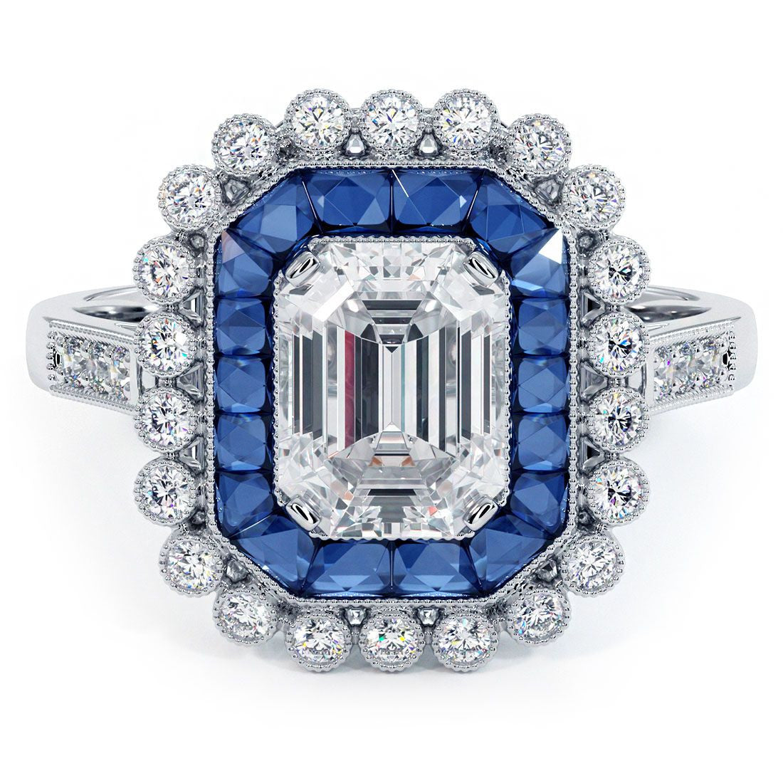 Radiant Cut Halo Art Deco Sapphire & Diamond Engagement Ring Setting