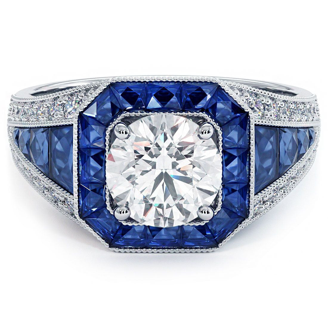 Square Radiant Halo Art Deco Sapphire & Diamond Engagement Ring Setting