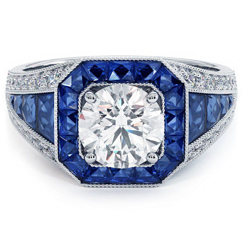 Square Radiant Halo Art Deco Sapphire & Diamond Engagement Ring Setting