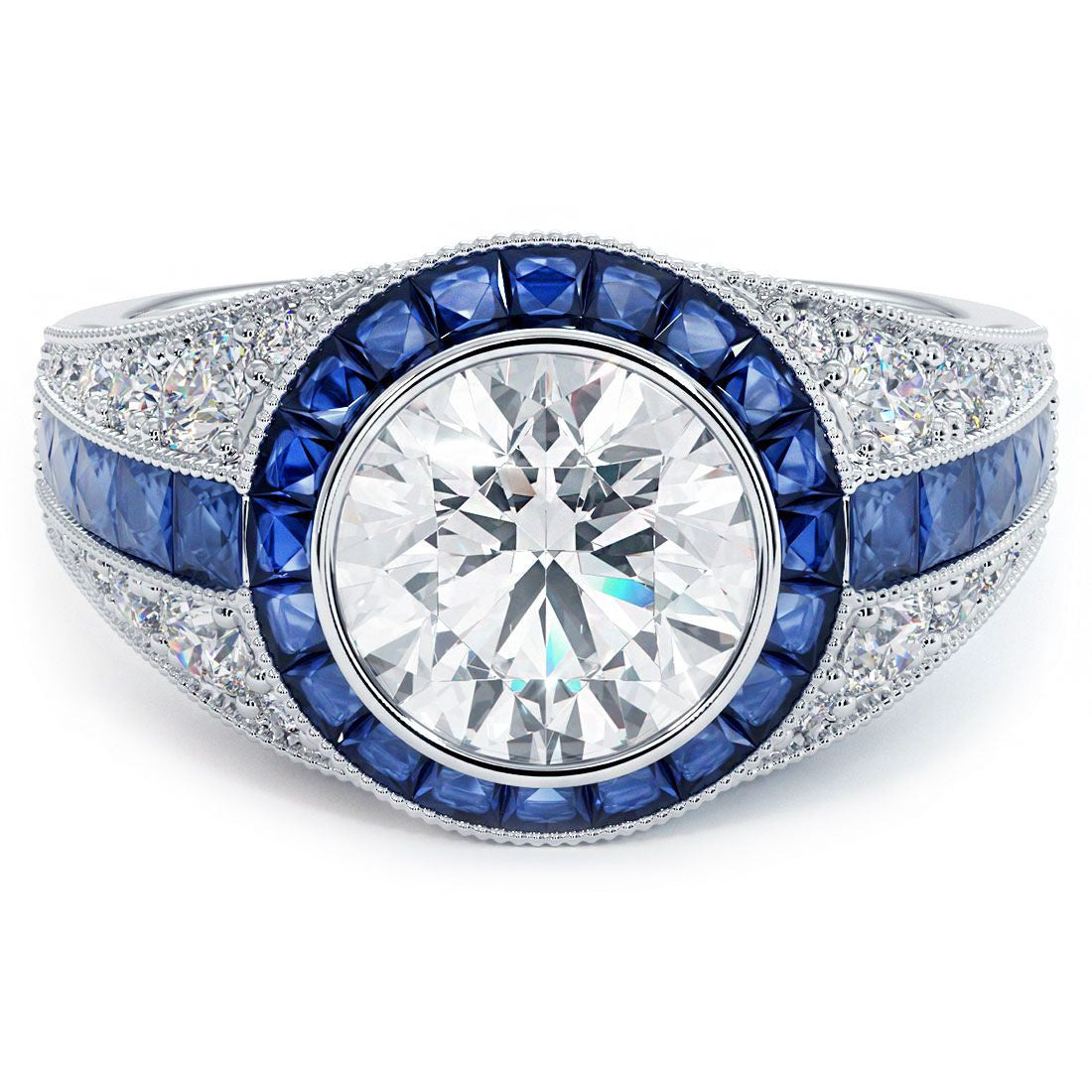 Round Halo Art Deco Sapphire & Diamond Engagement Ring Setting