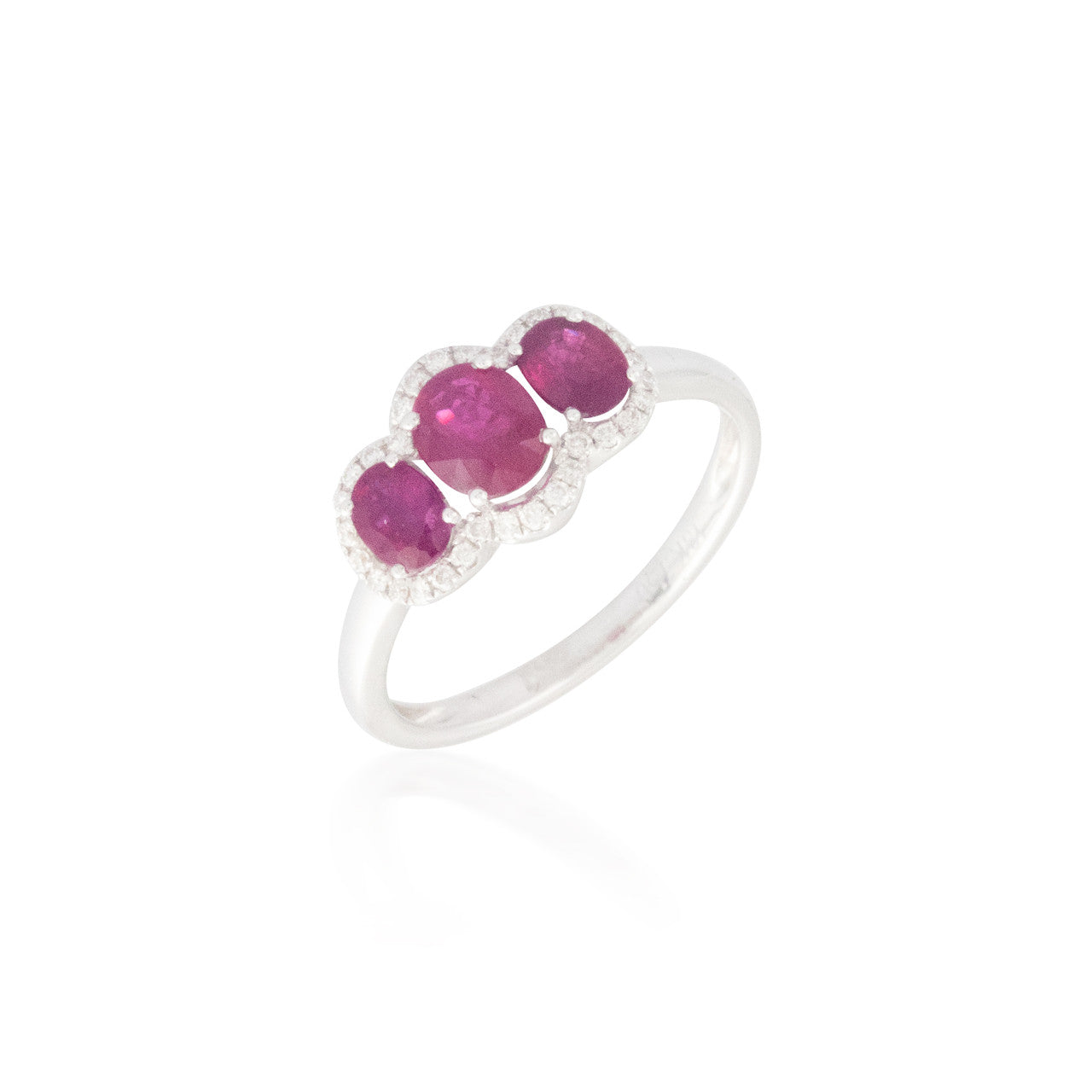 Three Stone Ruby Ring with Mingled Halo