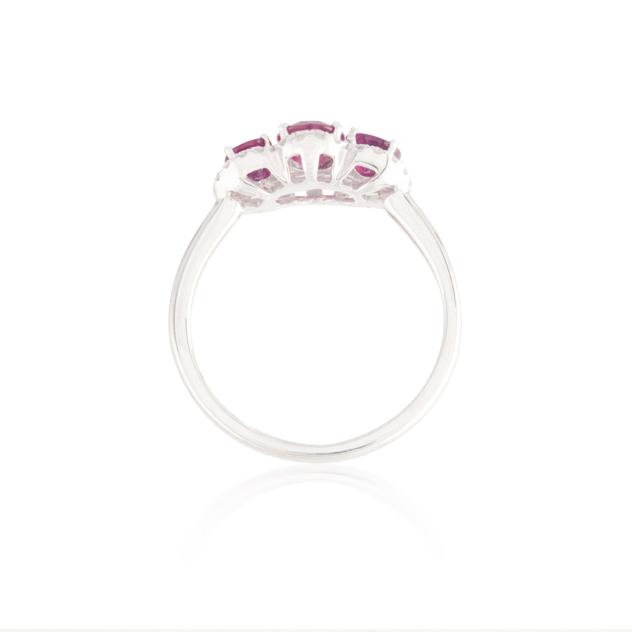 Three Stone Ruby Ring with Mingled Halo