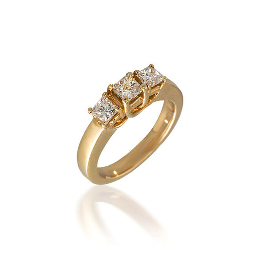 Lucida Three Stone Princess Diamond Engagement Ring in Yellow Gold