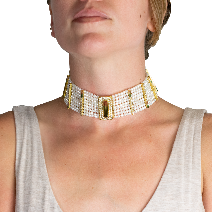 Watermelon Tourmaline and Pearl Choker
