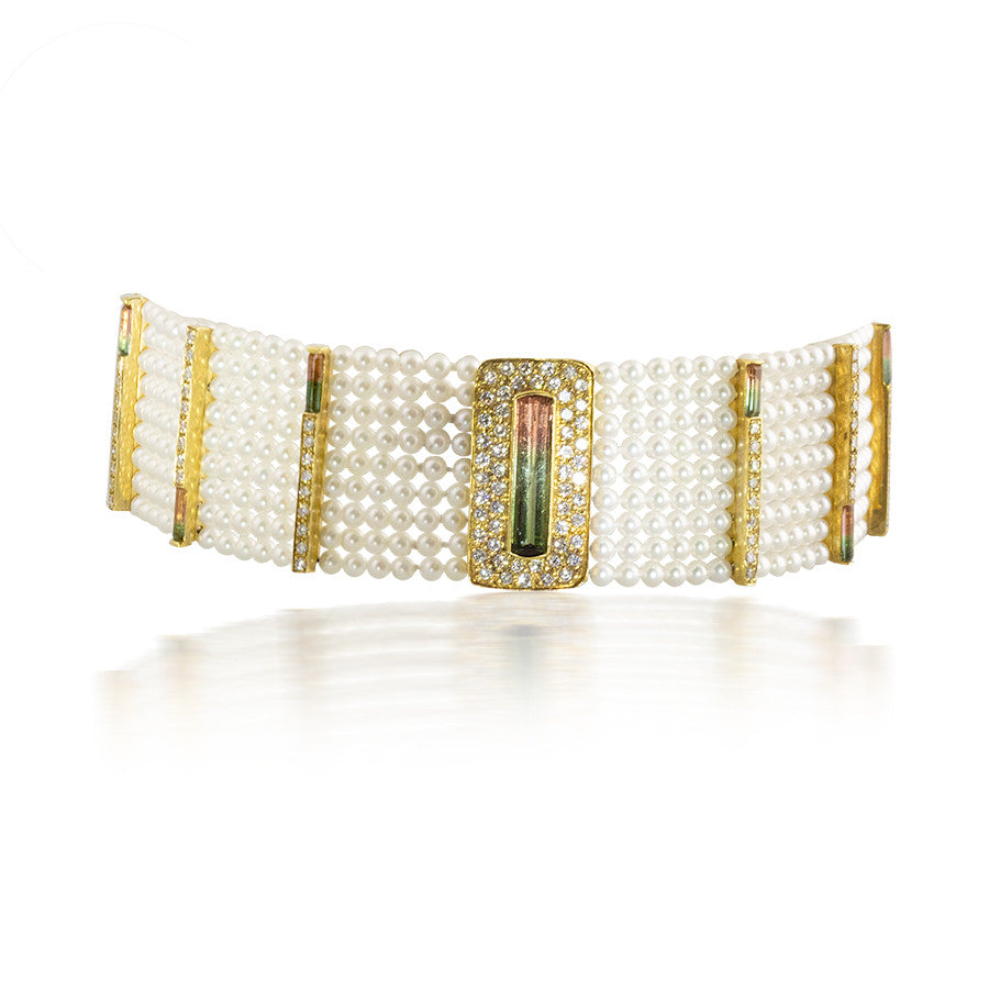 Watermelon Tourmaline and Pearl Choker
