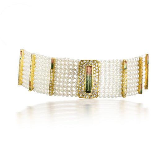 Watermelon Tourmaline and Pearl Choker