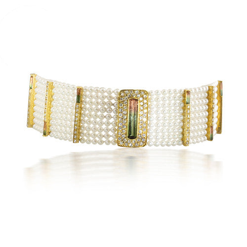 Watermelon Tourmaline and Pearl Choker