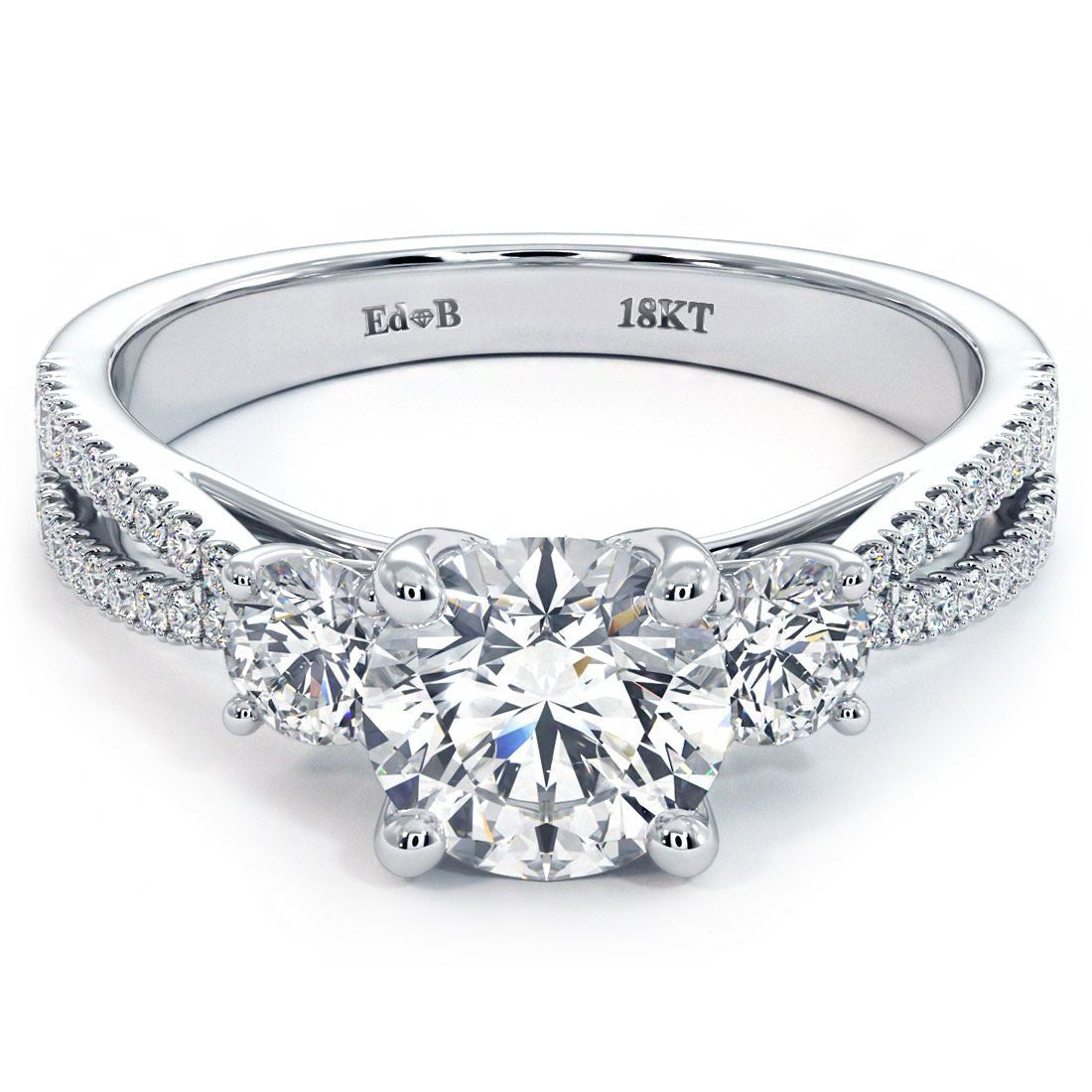 Round Center Three Stone Micropave Diamond Engagement Ring Setting