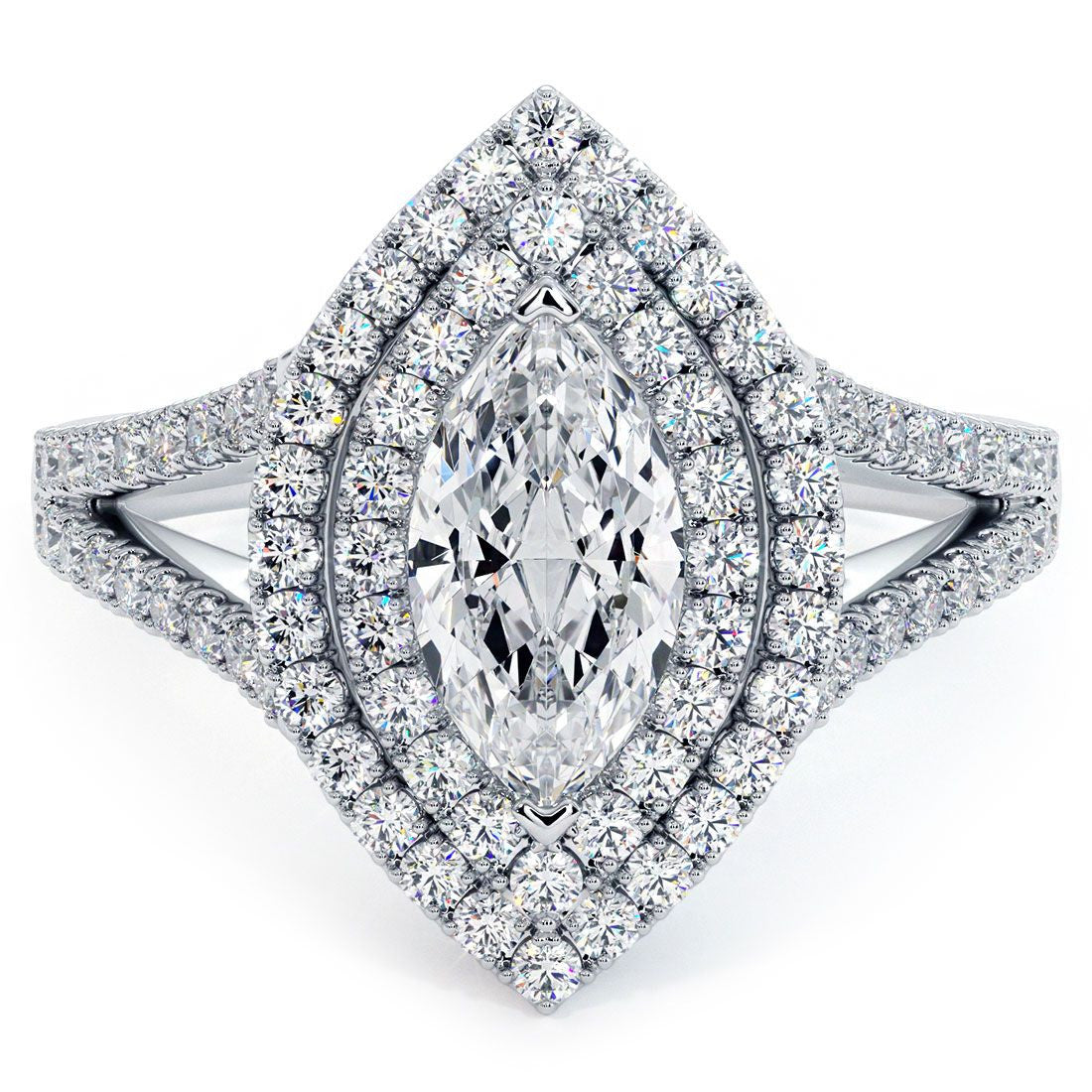 Marquise Shape Double Halo Micropave Split Shank Diamond Engagement Ring Setting