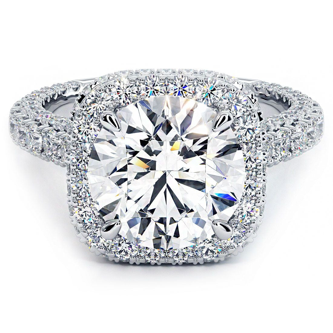 Cushion Halo With Round Center 3 Sided Micropavé Shank Diamond Engagement Ring Setting