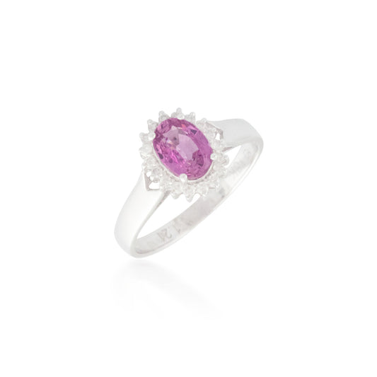 Oval Pink Sapphire and Diamond Flower Halo Ring