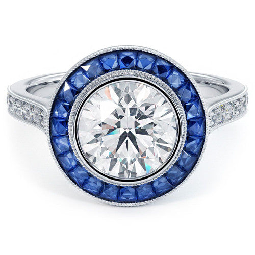 Round Halo Art Deco Bezel Set Sapphire & Diamond Engagement Ring Setting