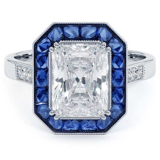 Radiant Cut Halo Art Deco Sapphire & Diamond Engagement Ring Setting (Diamonds-0.20ct, Sapphires-1.25ct)