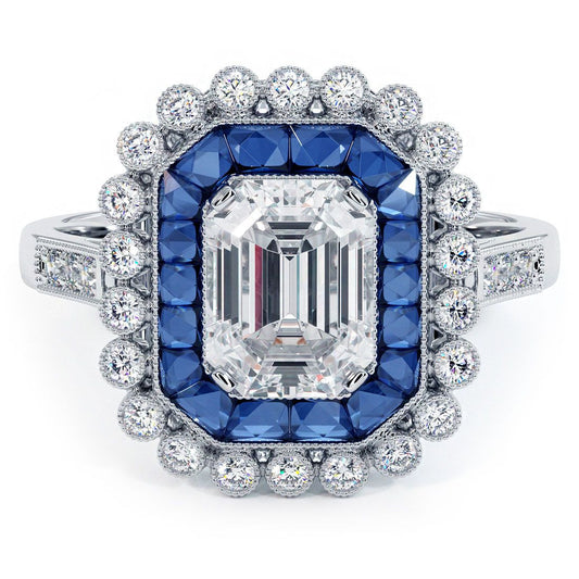 Radiant Cut Halo Art Deco Sapphire & Diamond Engagement Ring Setting