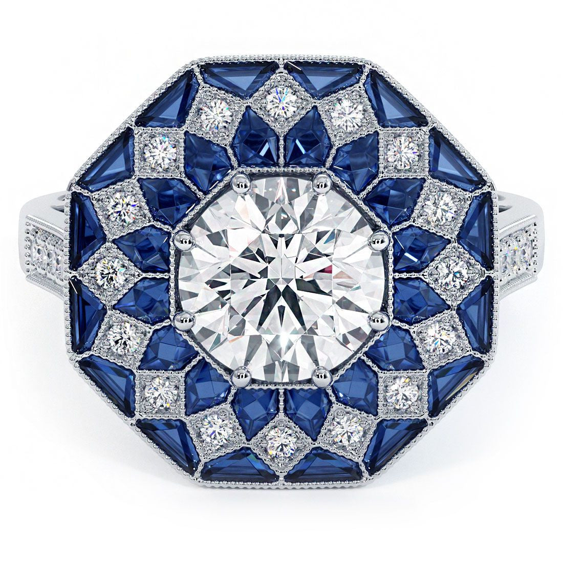 Octagon Halo Art Deco Sapphire & Diamond Engagement Ring Setting 2