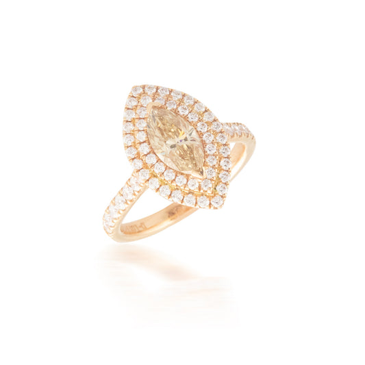 Double Diamond Halo Marquise Engagement Ring with Yellow Diamond