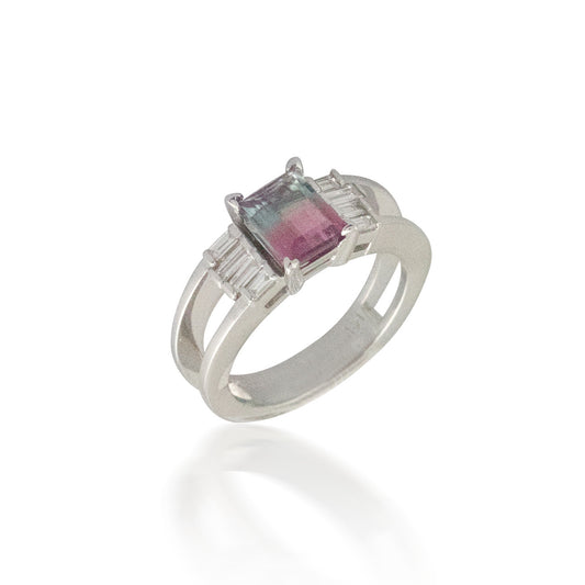 Bi-Color Tourmaline Ring with Baguette Diamond